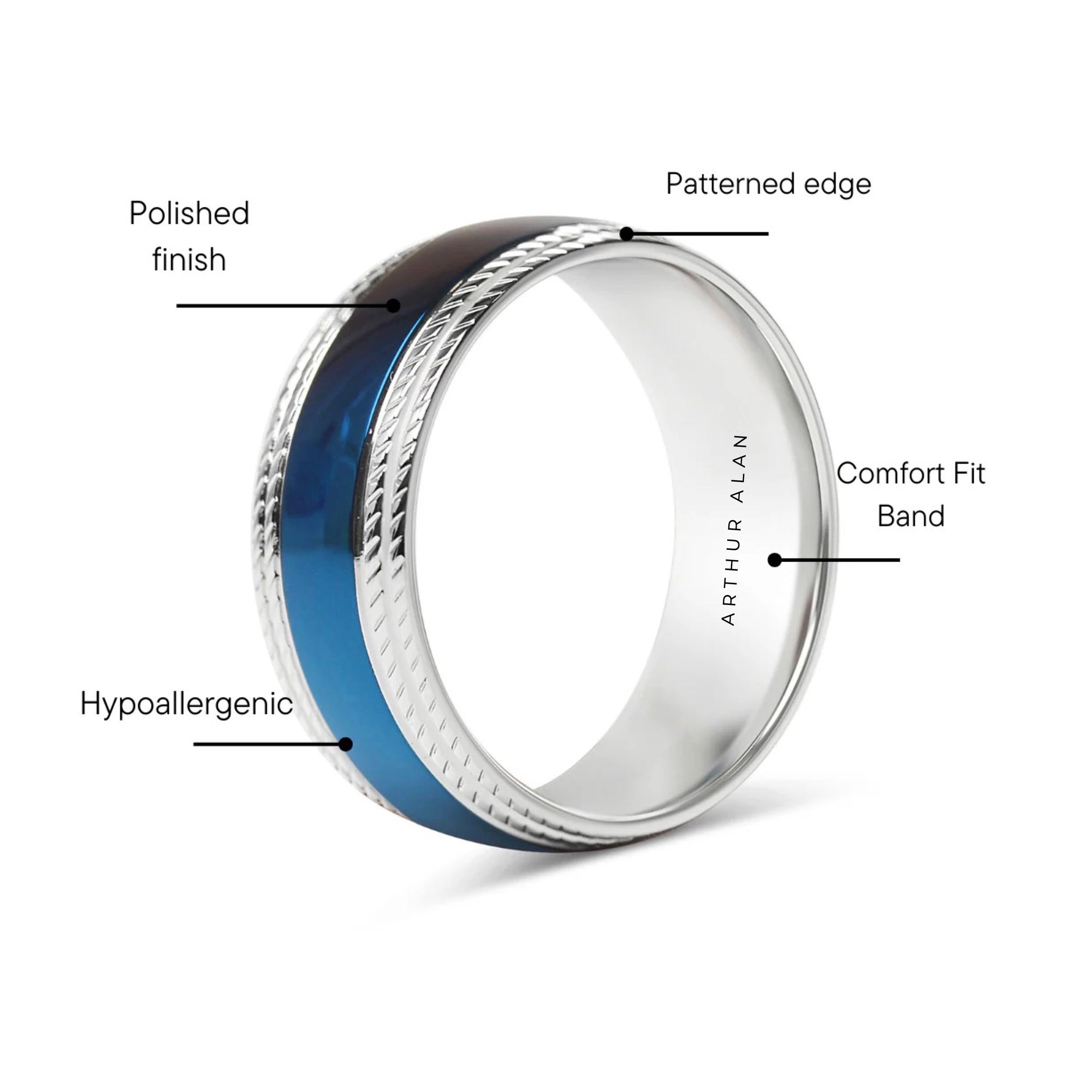 Blue Center Stainless Steel With Lined Patterned Edge Ring (8MM)