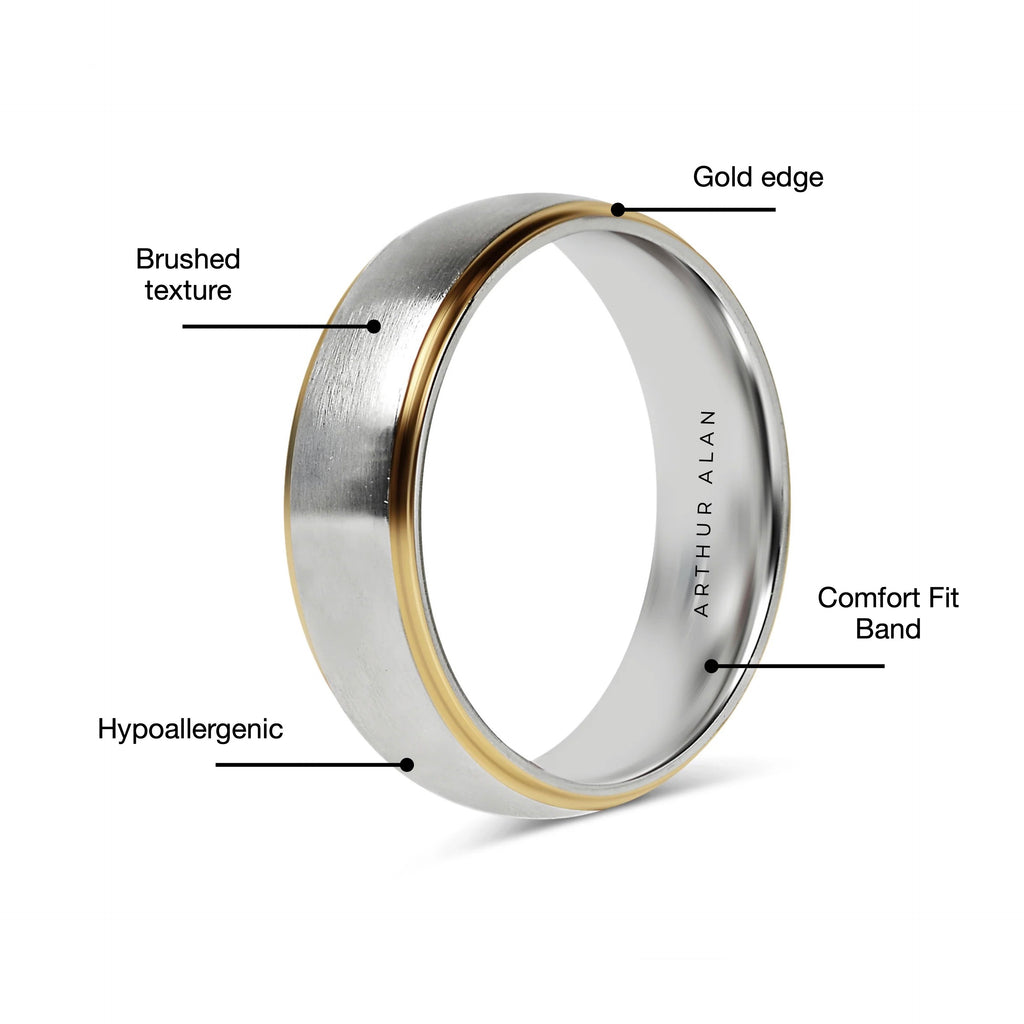 Stainless Steel 18K Gold Edge Brushed Ring (6MM)