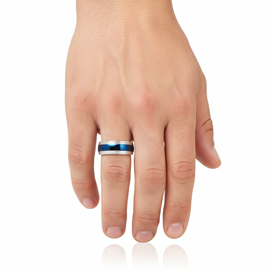 Blue Center Stainless Steel With Lined Patterned Edge Ring (8MM)