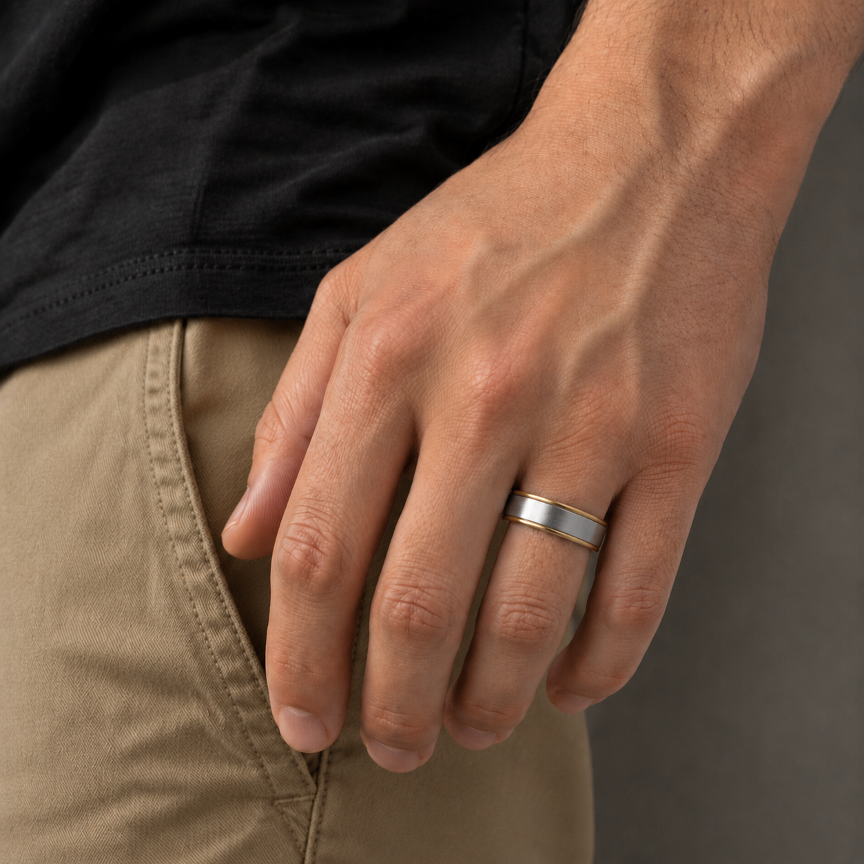 Stainless Steel 18K Gold Edge Brushed Ring (6MM)