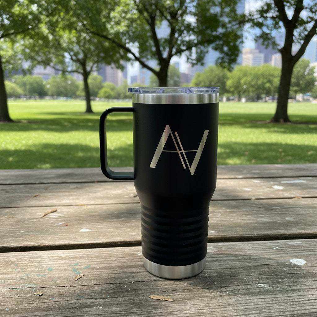 Black travel mug with a logo on a white background