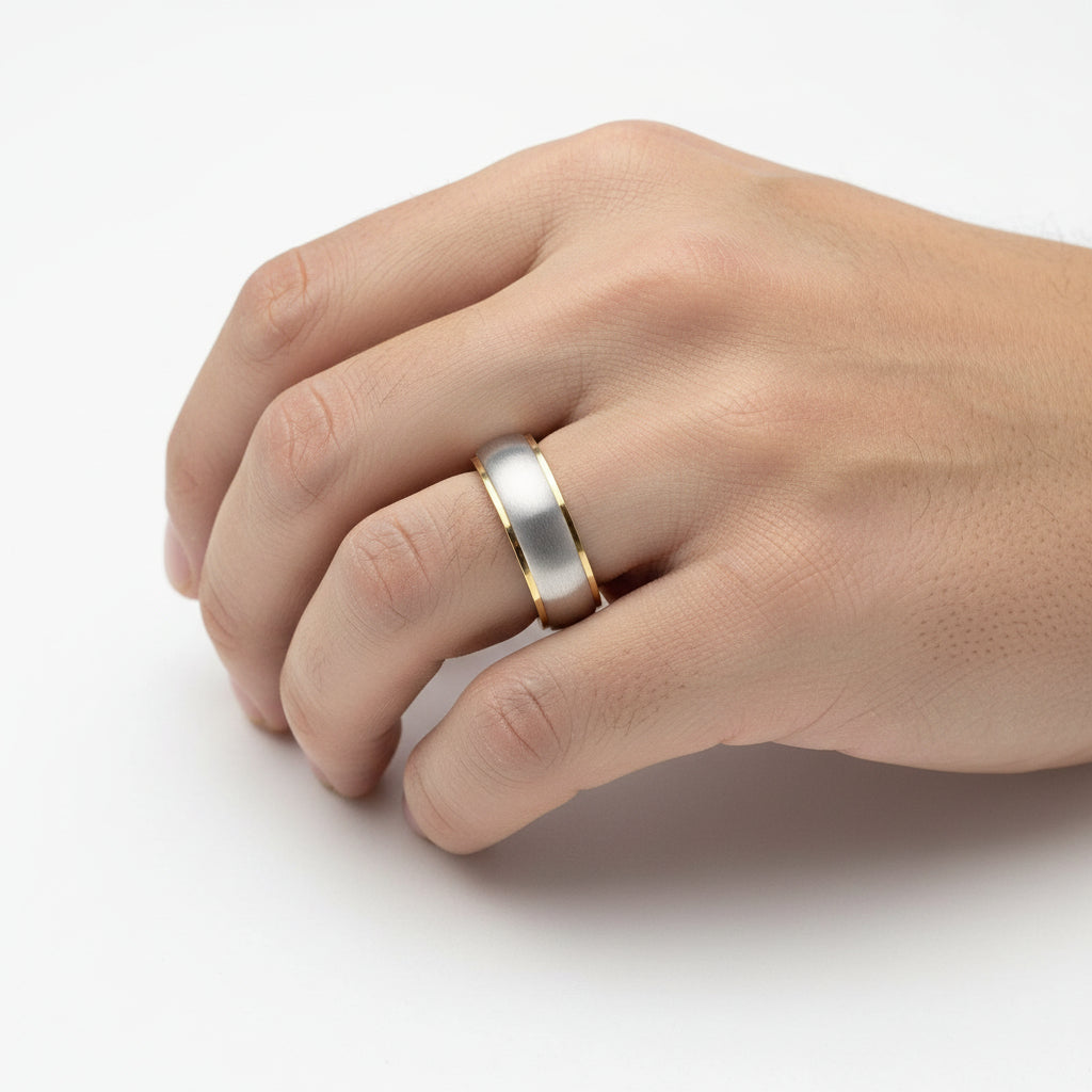 Stainless Steel 18K Gold Edge Brushed Ring (6MM)