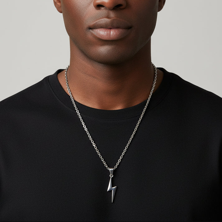 Silver lightning bolt pendant on a chain