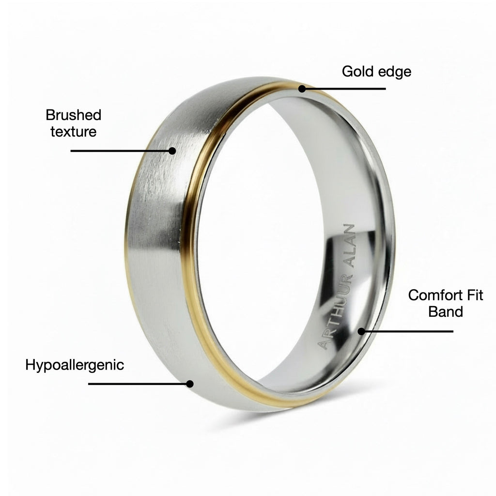 Stainless Steel 18K Gold Edge Brushed Ring (6MM)