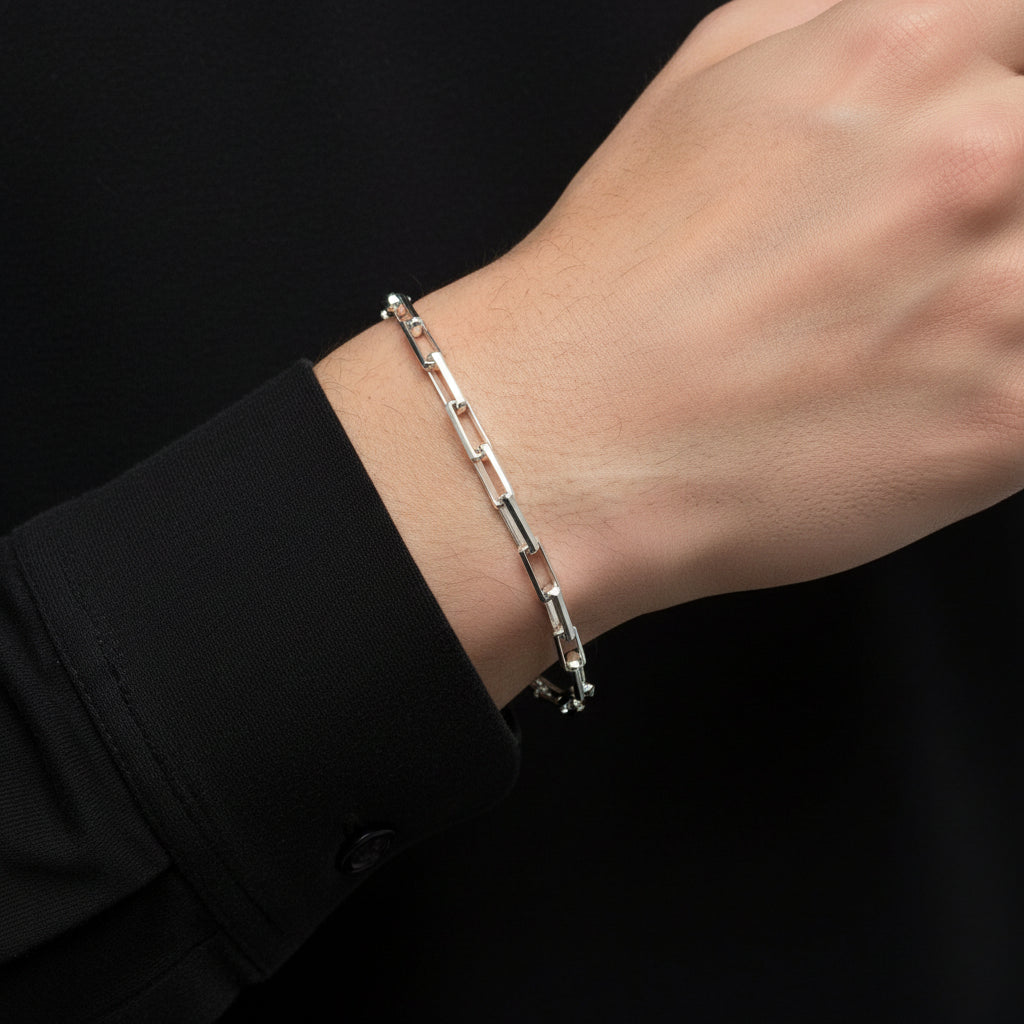 Beveled Long Box Bracelet (Sterling Silver) 4MM