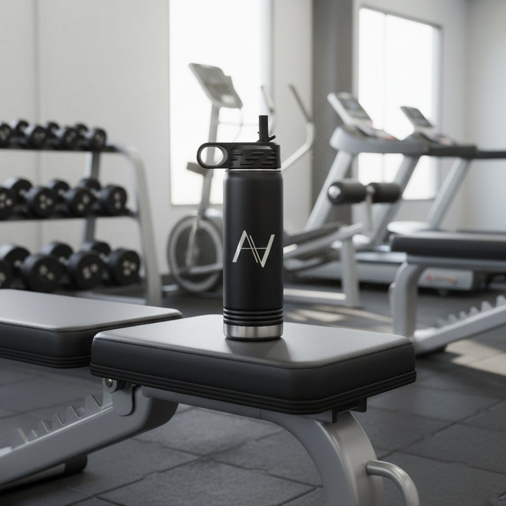 Black water bottle with a logo on a white background