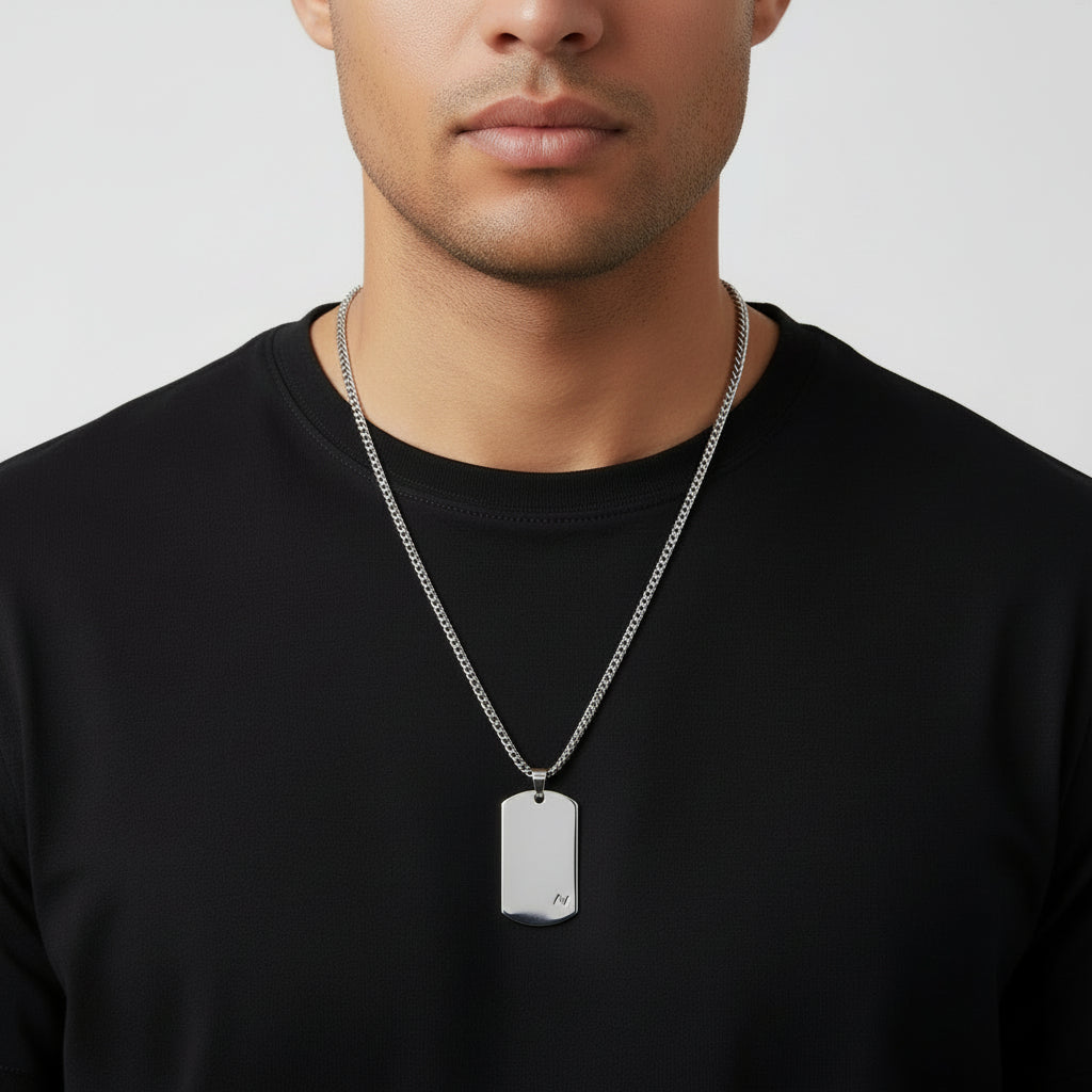 Silver dog tag necklace with a chain