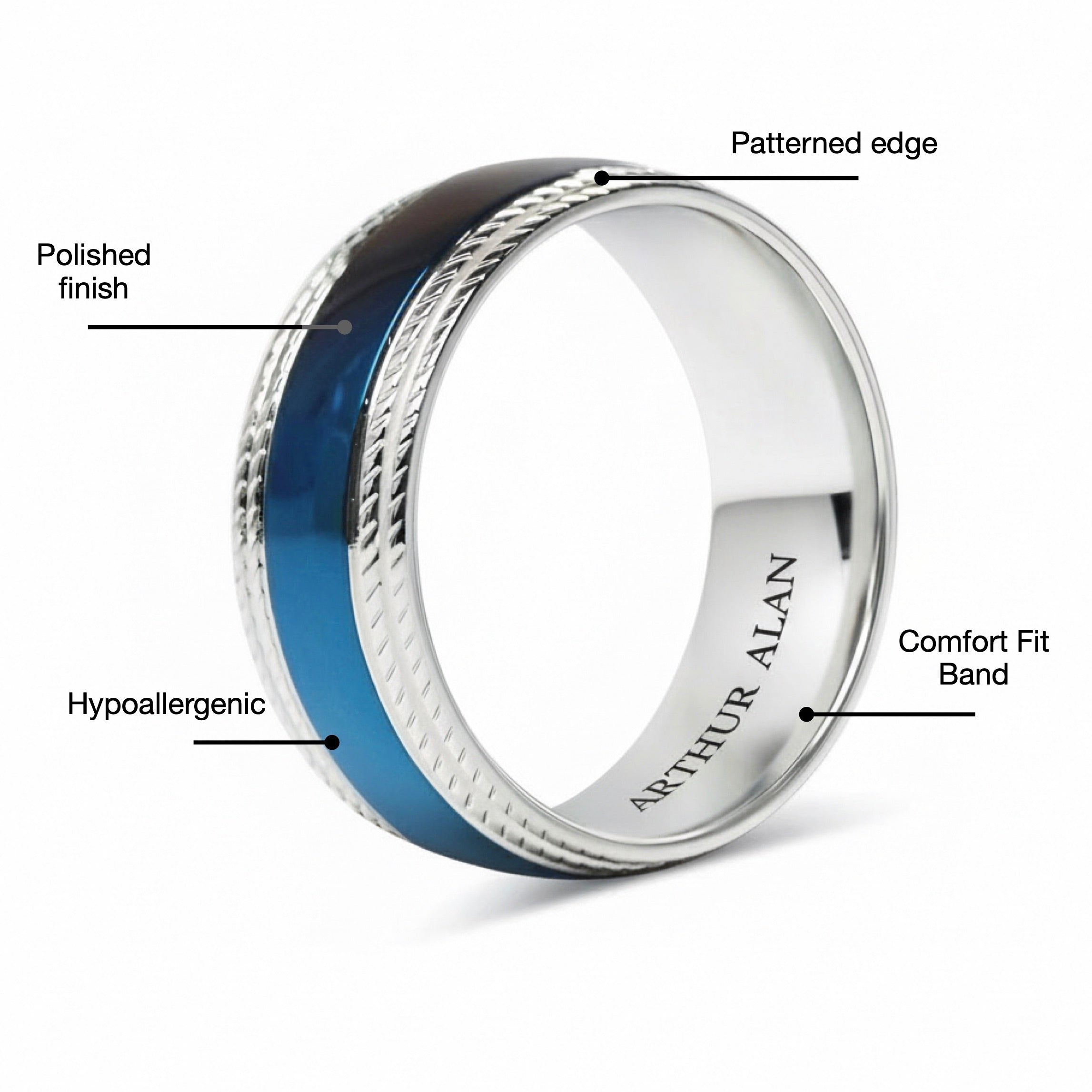 Blue Center Stainless Steel With Lined Patterned Edge Ring (8MM)