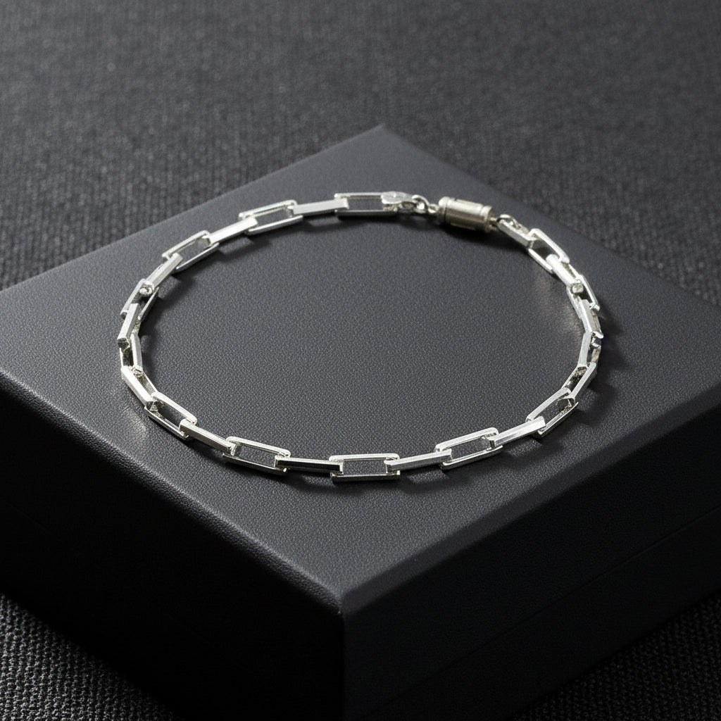 Beveled Long Box Bracelet (Sterling Silver) 4MM
