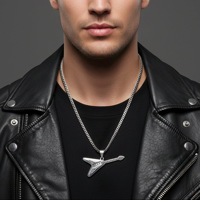 Silver necklace with a guitar-shaped pendant