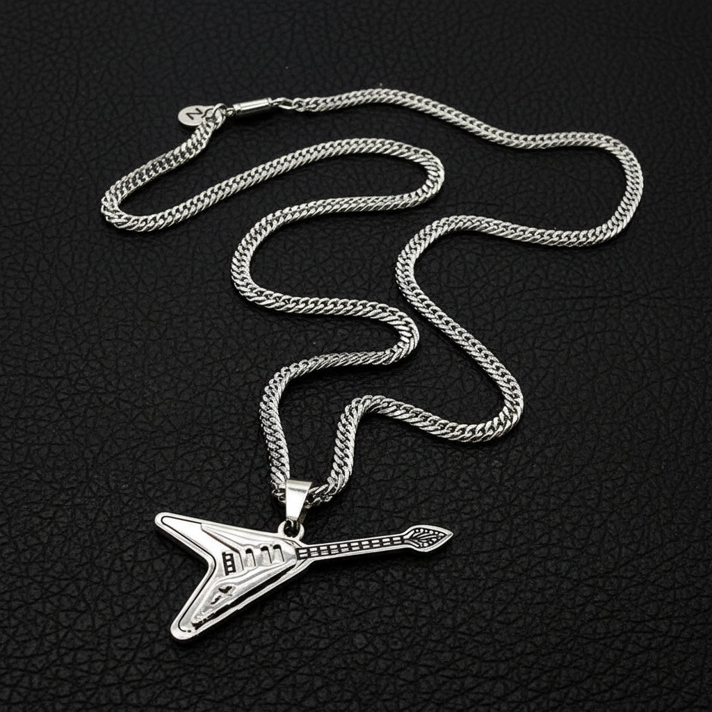Silver necklace with a guitar-shaped pendant