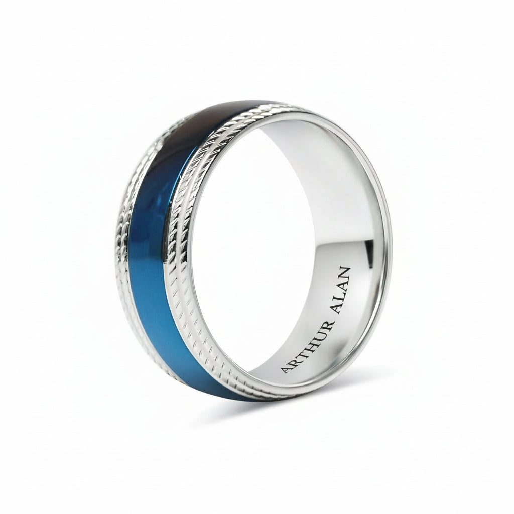 Blue Center Stainless Steel With Lined Patterned Edge Ring (8MM)