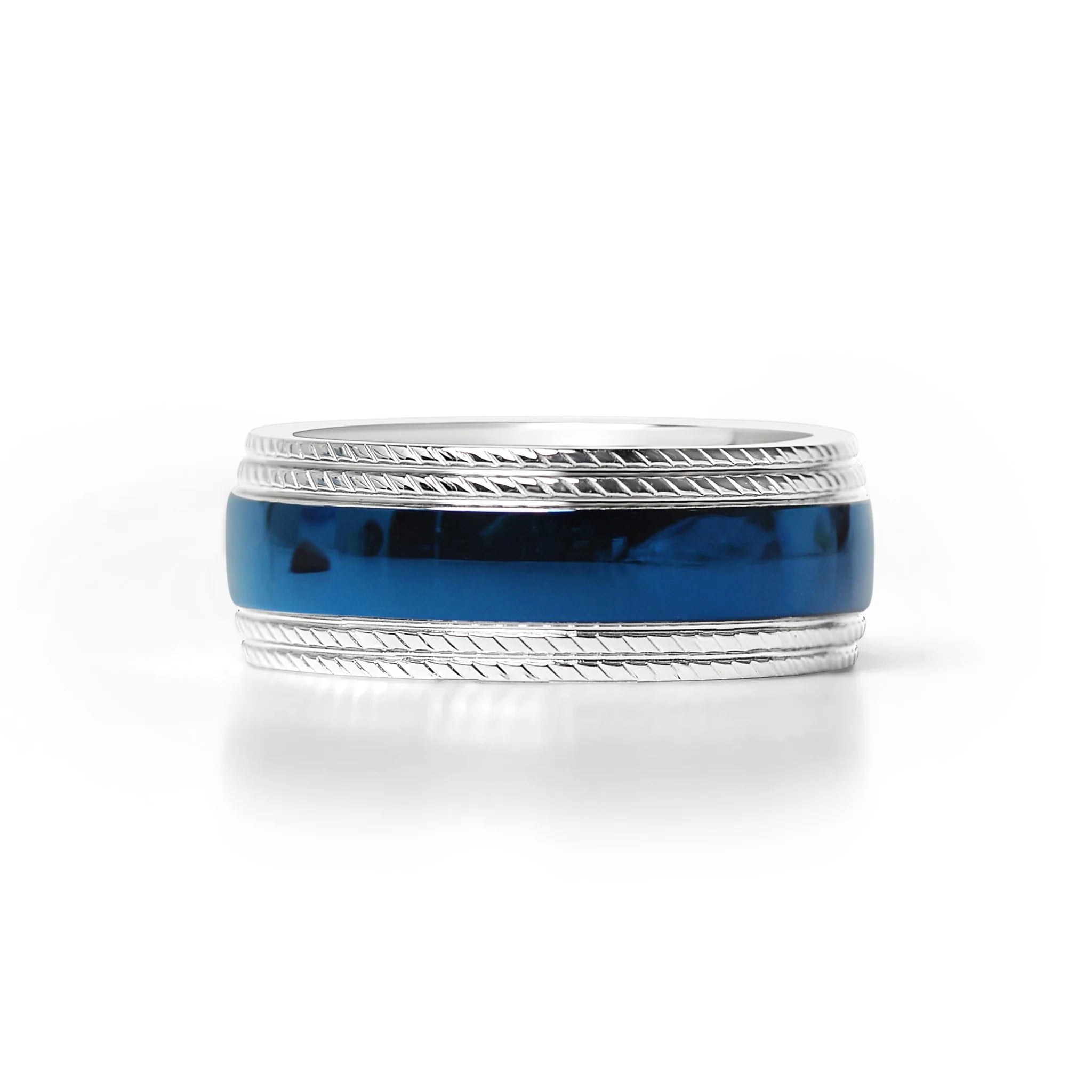 Blue Center Stainless Steel With Lined Patterned Edge Ring (8MM)