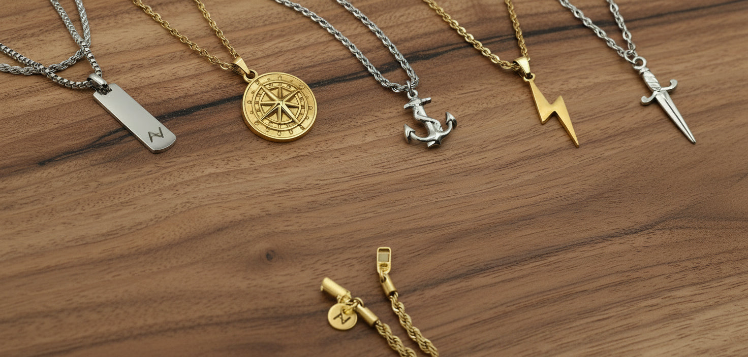 Collection of various necklaces with different pendants on a wooden surface