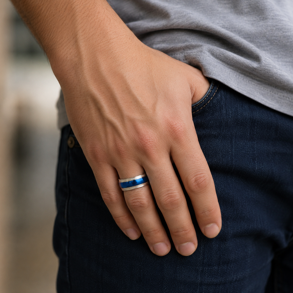 Blue Center Stainless Steel With Lined Patterned Edge Ring (8MM)